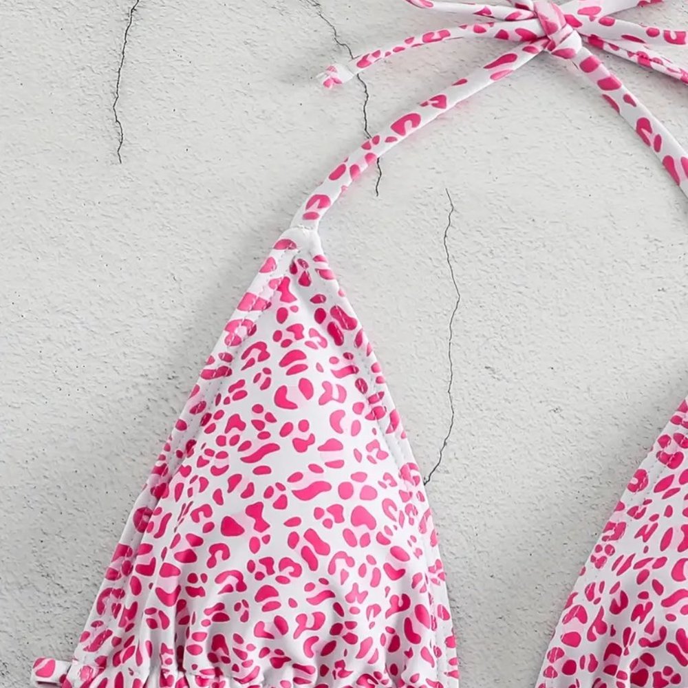 2 Piece Swimsuit, Halter Tide Side Triangle Bikini, Spaghetti Strap - Pink - Picture 3 of 7
